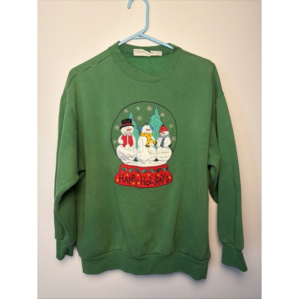 VTG 90s Happy Holidays Snowman Snow Globe Festive Sweatshirt Green Crewneck XL
